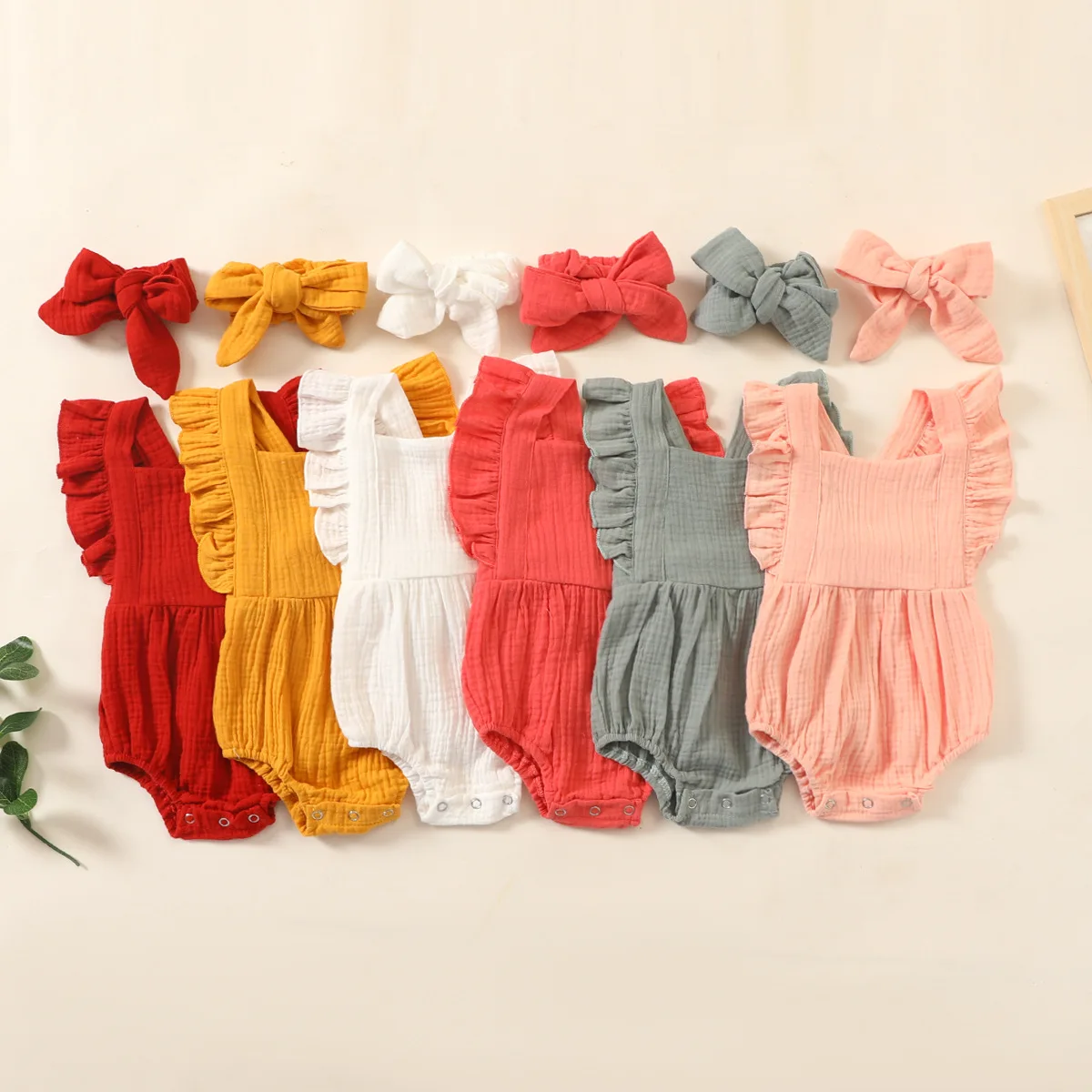 

INS Baby Girl Cotton Soft One piece Bodysuit Headband 2PCS Set Toddler Summer Sleeveless Rompers Solid Color 0-2Y, 6colors for choose