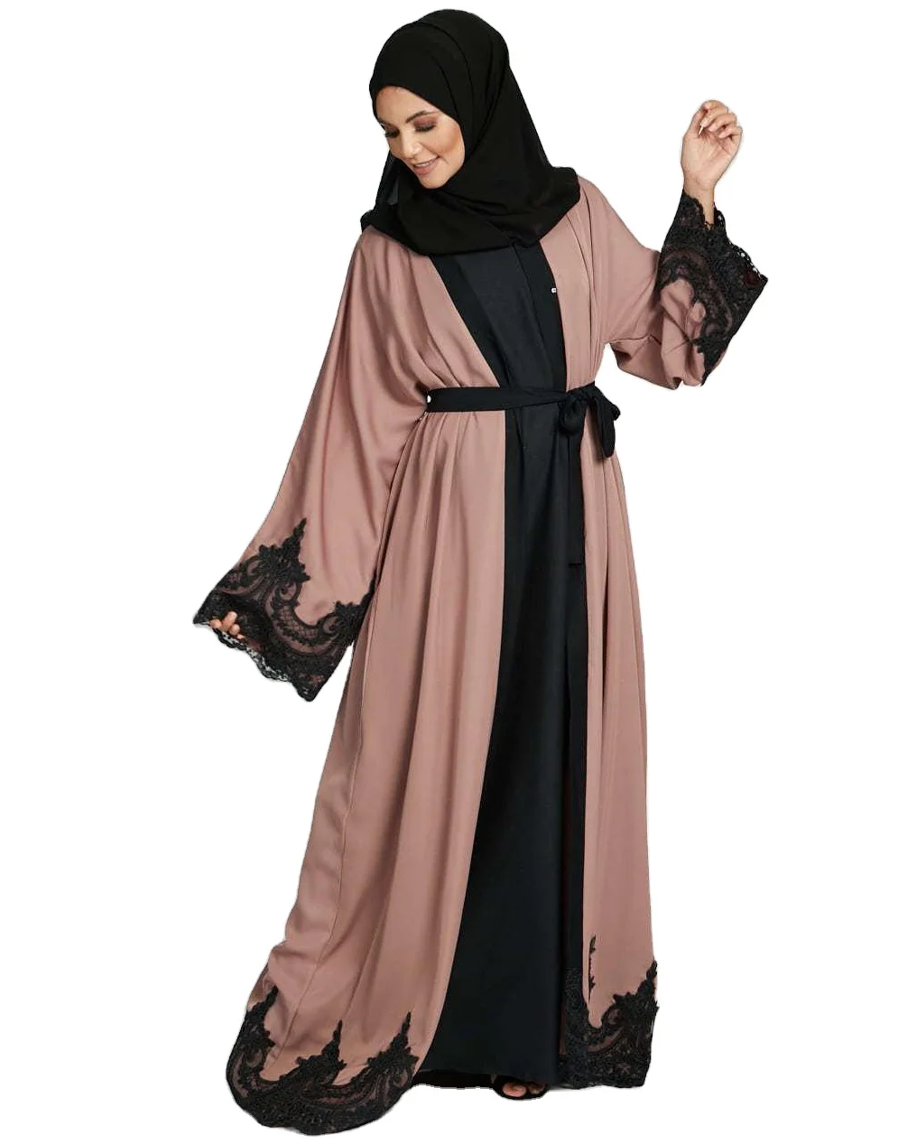 

HJ ZMDR35 Spanish Open Abaya with Black Lace Plus Size Prayer Islamic Women Abaya Muslim Dresses, Picture