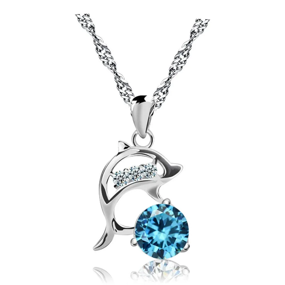 

5 Color Available White Gold Plated Dolphin Pendant Necklaces Adjustable Long Chain Red Round Cut Crystal CZ Dolphin Necklaces