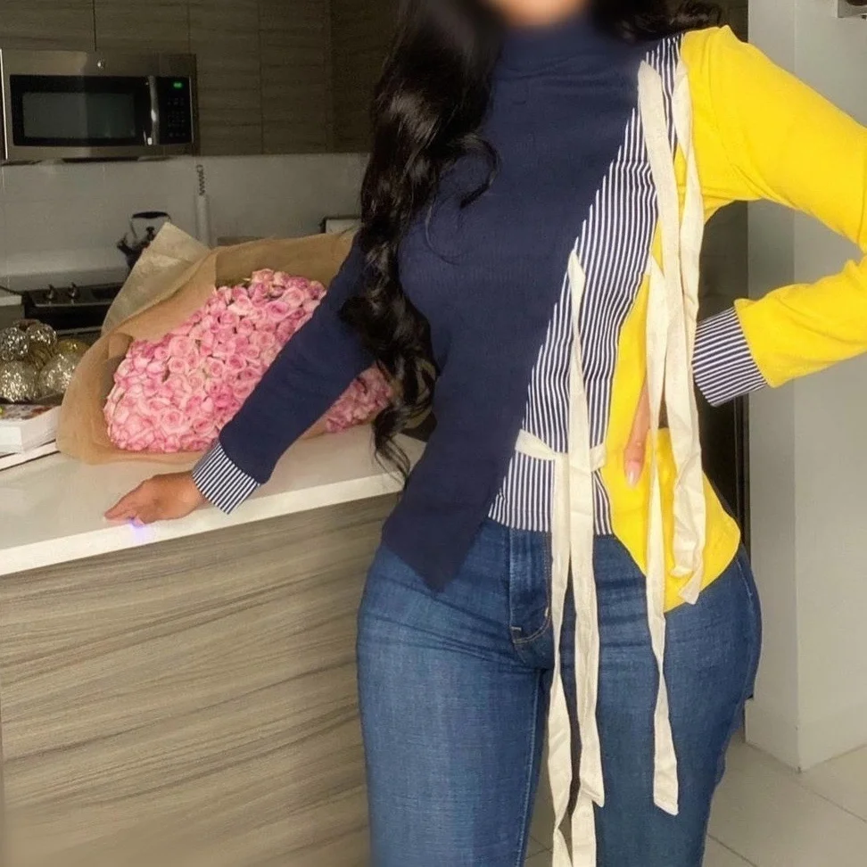

High Collar Bowknot Tie A Knot Ribbon Color Blocking Patchwork Navy Yellow Ladies' Blouses & Tops Ladies Tops Women's Sweaters