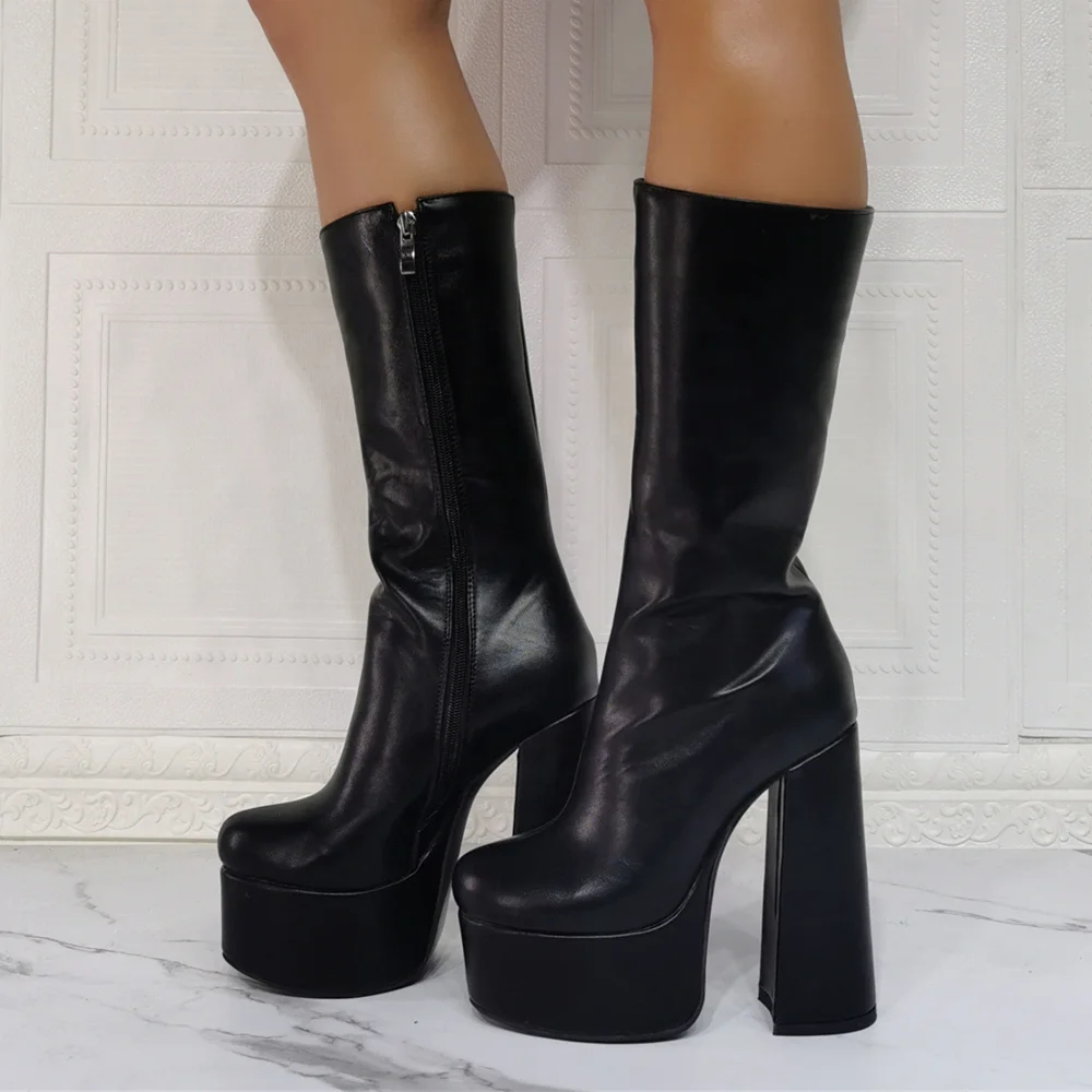 

2021 Black Women Round Toe Chunky Heels Under The Knee Boots With Zipper High Platform Women Summer Dress Short Boots Pumps