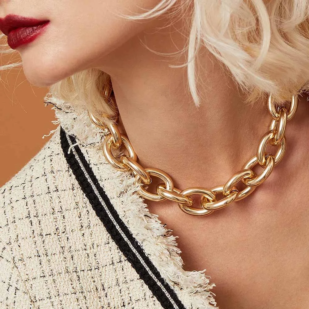 

2020 New Fashion Large Gold Colored Link Chain Choker Necklace For Women Party