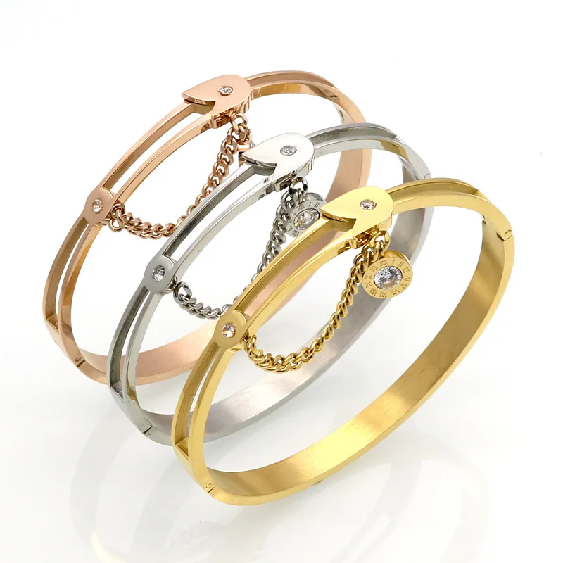 

Fashion Rhinestone Stainless Steel Gold Plated Jewelry Chain Charm Bracelet Roman Alphabet Zircon Clasp Opening Bangle Bracelet, Glod/silver/rose