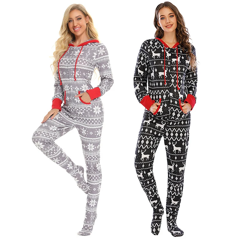 

Wholesale Hooded Winter Women One Piece Christmas Pajamas Set with Socks, Black, gray