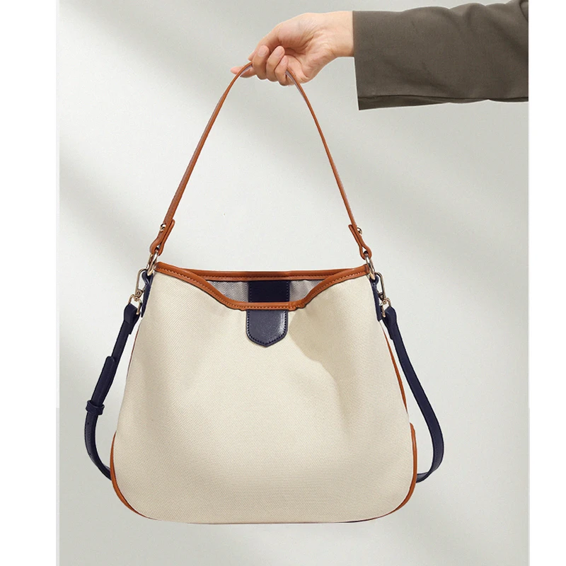 

LIKEBAG fashion luxury tote bag cotton canvas PU leather ladies shoulder armpit large capacity bucket Hand bags for women