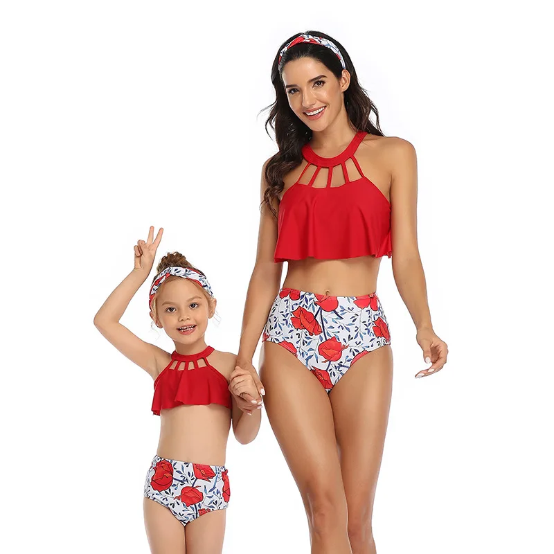 

Factory price Two piece Split swimsuit Parenting swimsuits women's bikini print child girl swimwear Ruffles Bandage swim set, Customized color