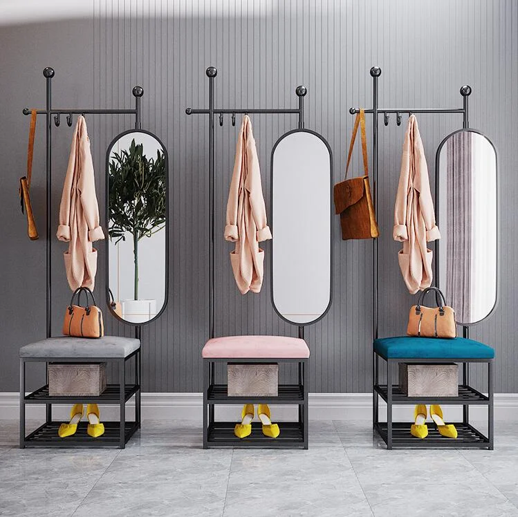 

Wholesale Modern minimalist coat rack shoe changing stool and shoe rack household mirror hanger combination floor entrance