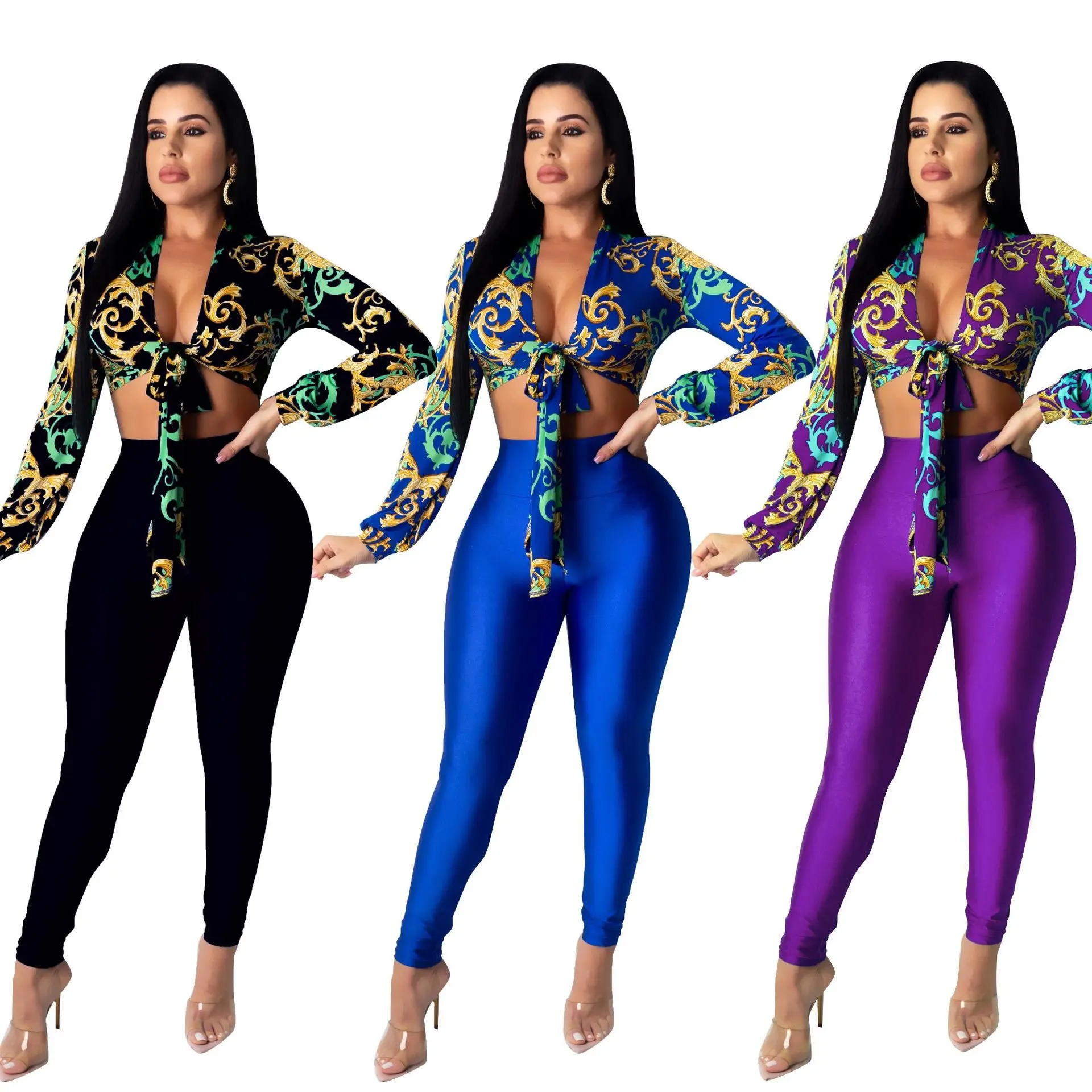 

Women Skinny Pencil Pants Bandage Lace Up Crop Top 2 Piece Set For Women Club V-neck Long Sleeve Two Piece Set Women's Suits, Black , blue , purple