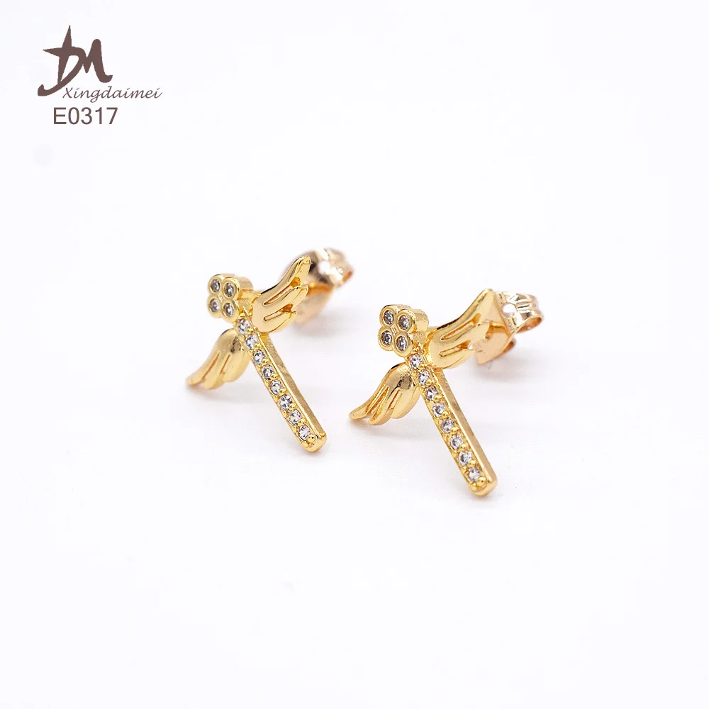 

E0317 Champagne Gold plated Cross ear studs Zircon gold filled earrings, Champagne gold color