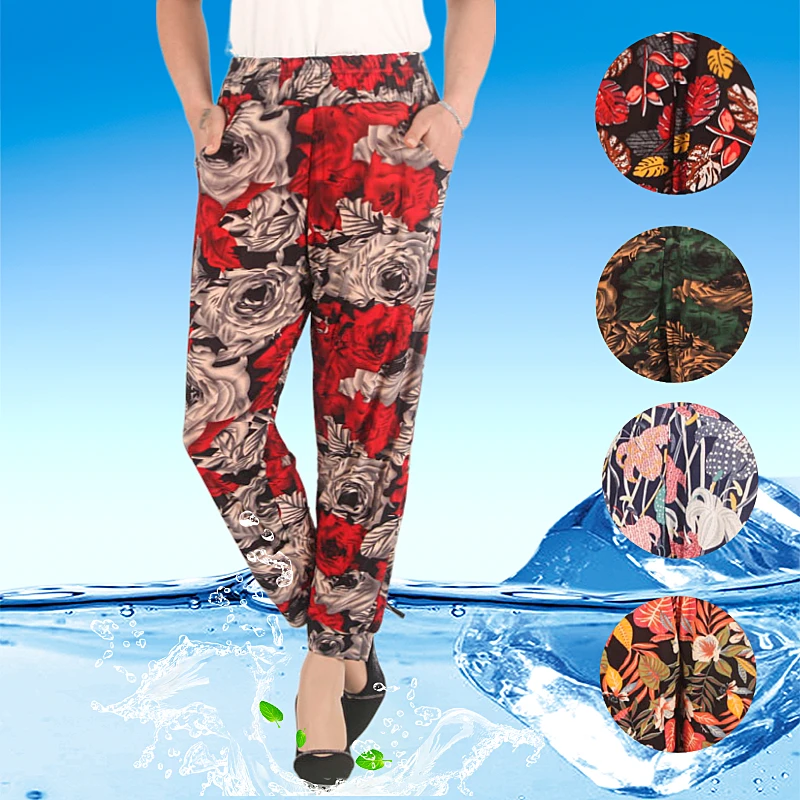 

women summer polyester loose Cooling harem plus size palazo print pants for women with elastic waist, 20colors