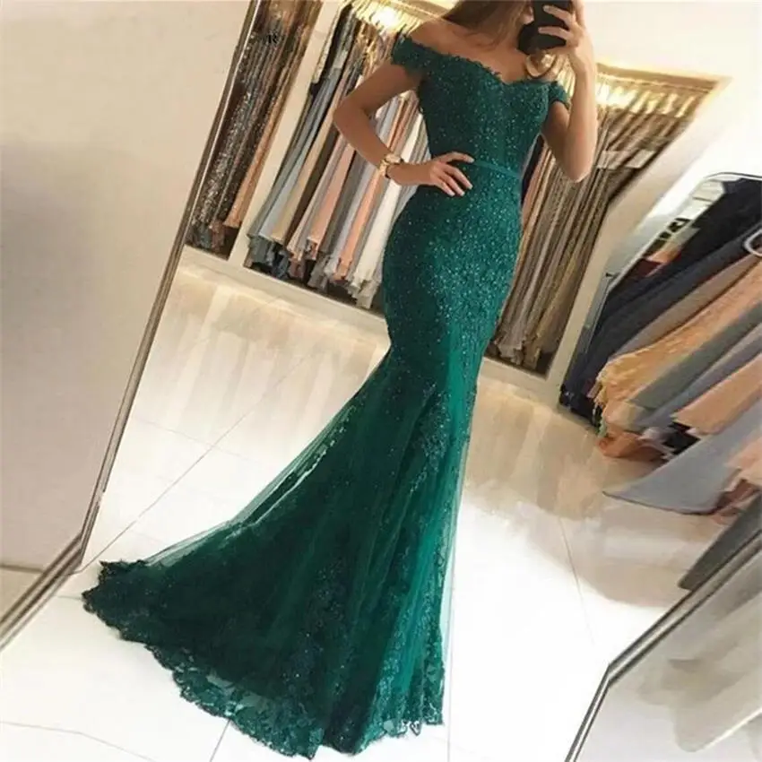 

2020 Emerald Green Formal Evening Dresses Prom Gowns Beading Appliques Off the Shoulder Mermaid Prom Dresses, Picture color or choose from color chart