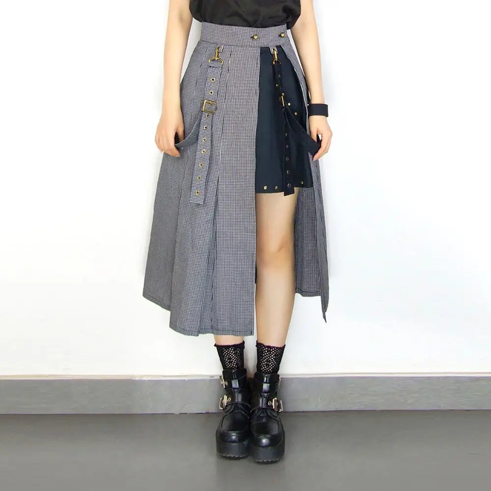 

Mr. Yi' s Steamland Steampunk Pleated black and white grid houndstooth cotton T / R length A-line skirt