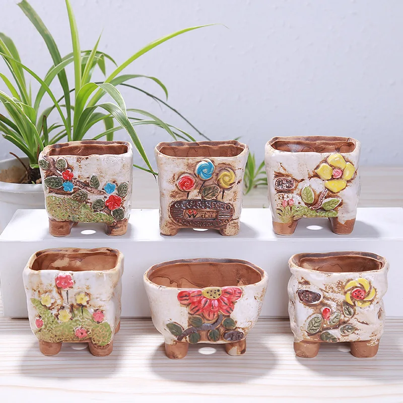 

Cute Hand-painted Mini Flowers And Plants Succulent Pot, White/blue/yellow