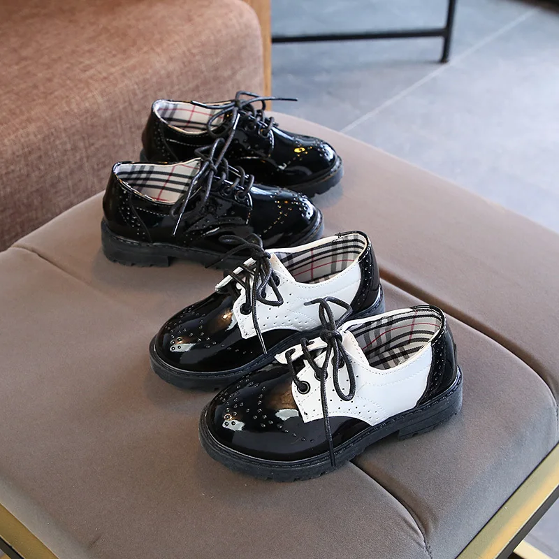 

New Design Beautiful Black Leather School Shoes Kids Boys And Girls, Black/white