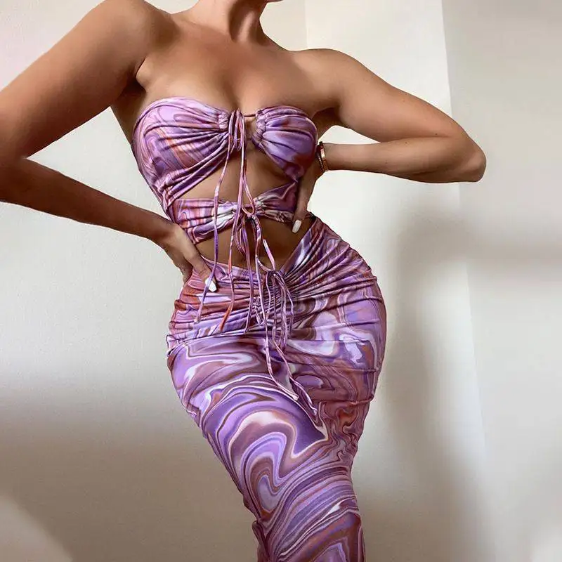 

2021 New Arrival Women summer Hollow Out Strapless ropa mujer sexy dress women crepe summer dresses