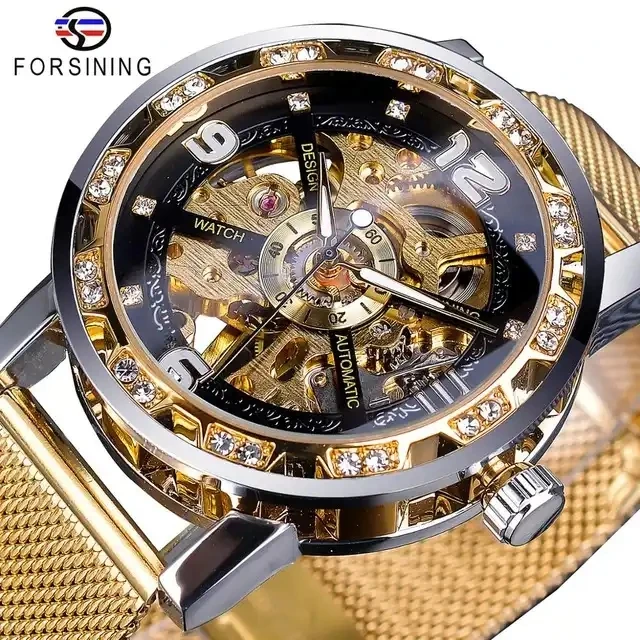 Forsining 2023 New Men Diamond Golden Skeleton Mechanical Watch Mesh Luminous Hand Watches Sport Business Wristwatch Gift