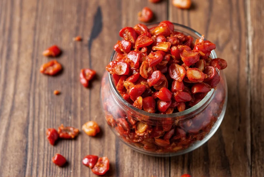 Homemade chili crisp in glass jar with visible red chilies and garlic pieces on wooden table