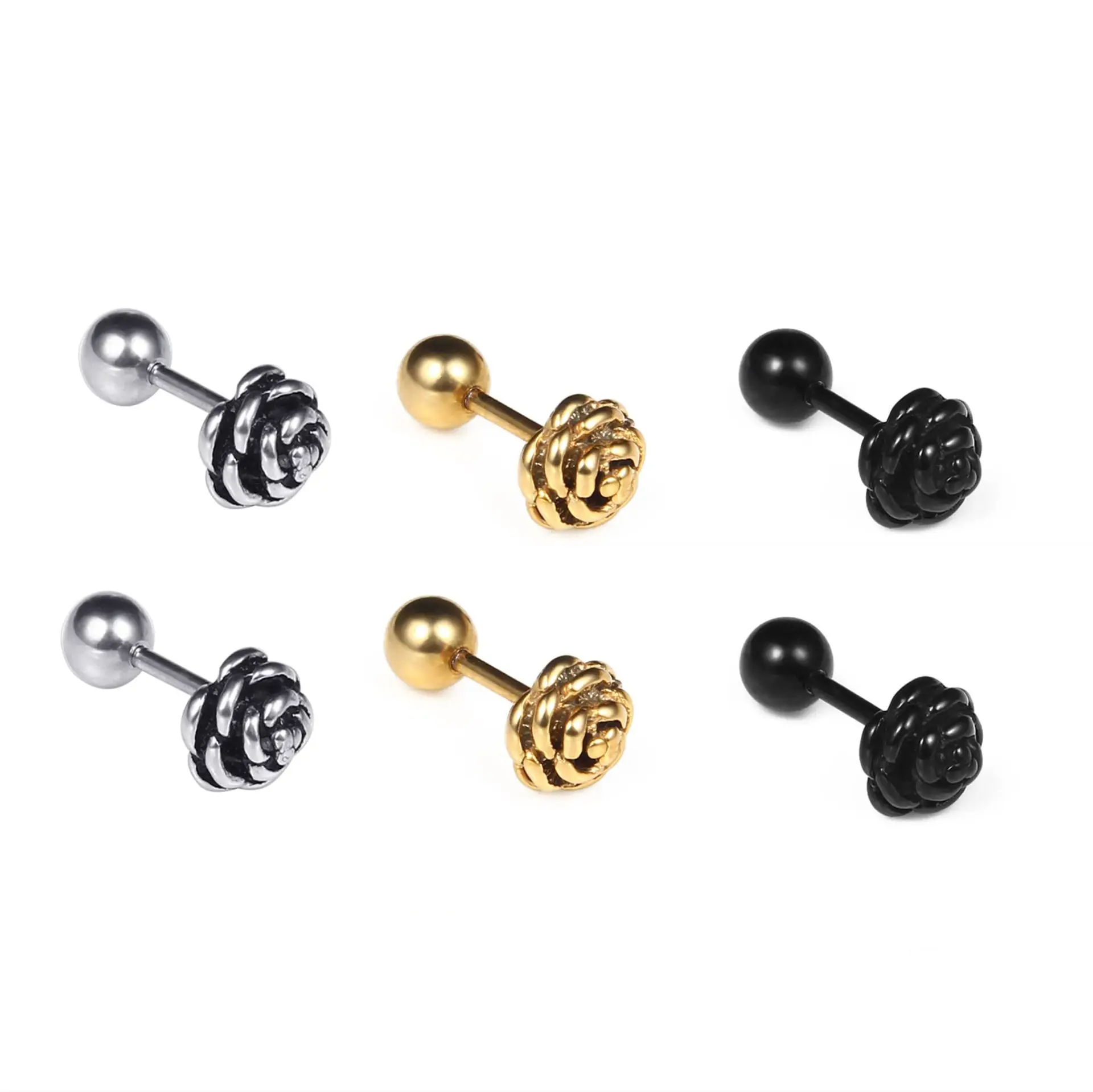 

Wholesale Custom Gold Silver Black Stainless Steel 925 Sterling Silver Gold Plated Girl Rose Shape Flower Earrings Stud, White
