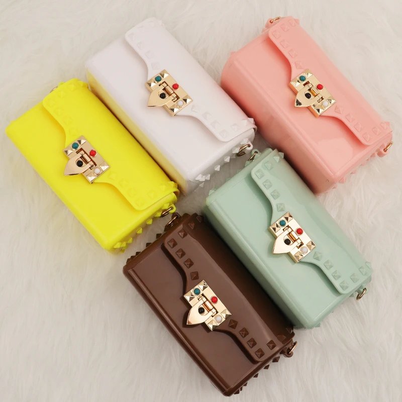

Best selling fashion girls shoulder candy pvc little girl crossbody handbags purse rivet mini women jelly purses and bags, 7 colors