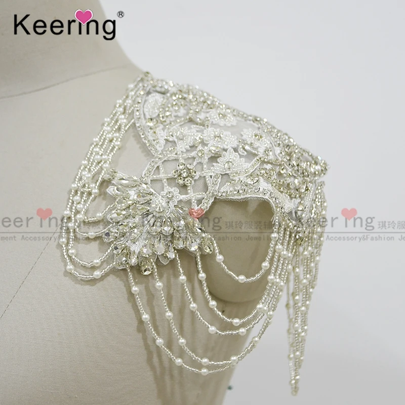 

Newest shoulder wedding applique with tassel fringe crystal beading applique for bodice bridal dress WDP-311, Silver and white mesh