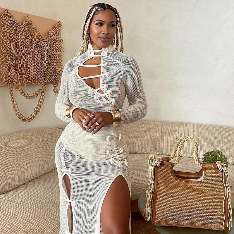 

Fall Clothes Outfit Wrap Bodycon See Through Mesh Irregular Lace Up Long Sleeve White Sexy Dresses Hollow Out Fishnet Dress, Customized color