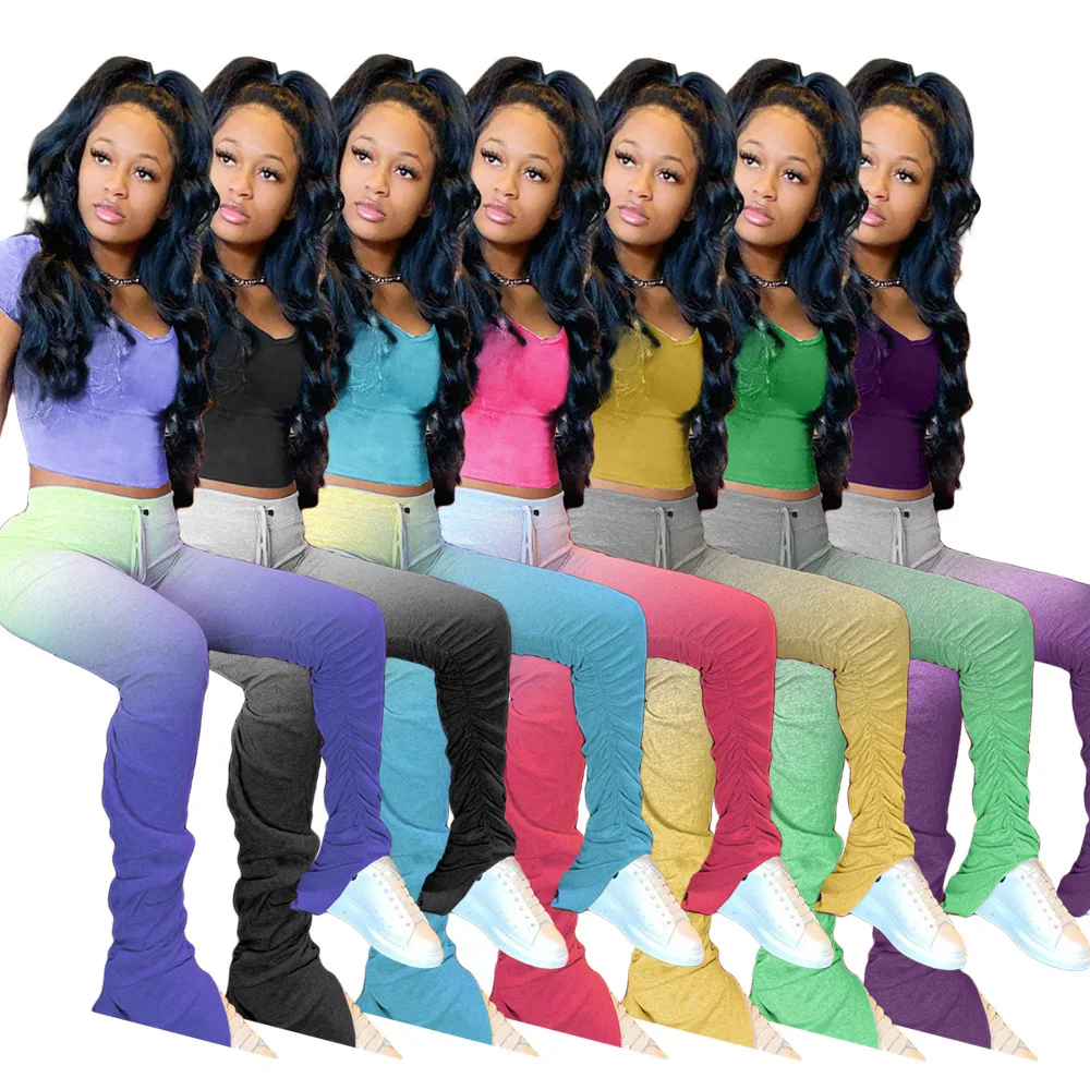 

Dropshipping summer popular casual woman 2 piece tie dye ruched stacked pants set, Customized color