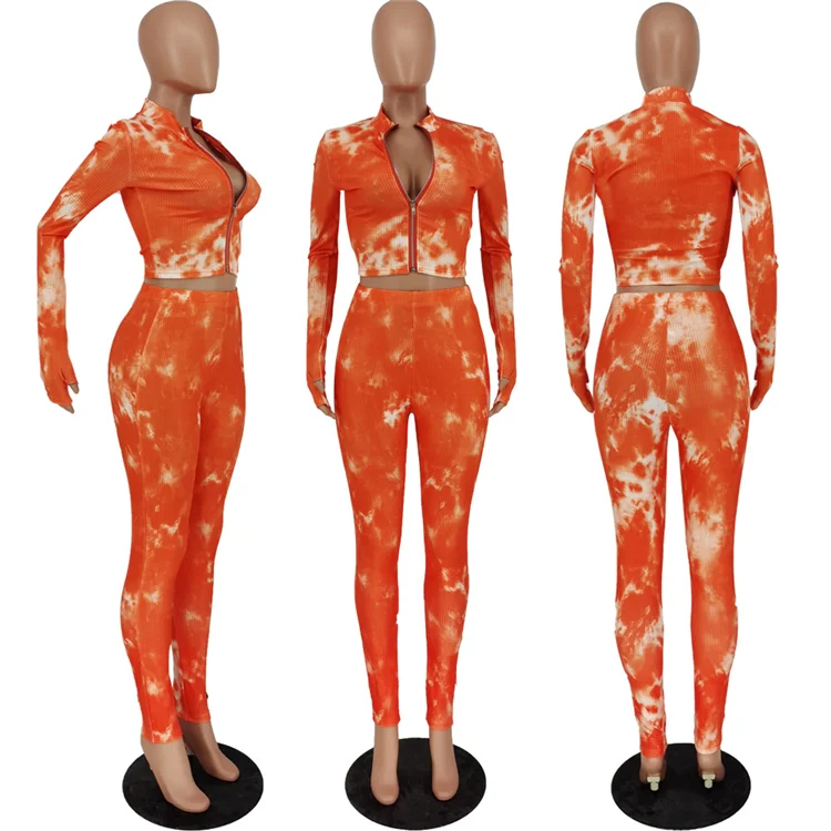 Wholesale Lady Outfit Long Sleeve Zipper Tie Dye Tight Sexy Plus Size Autumn Women 2 Piece Set