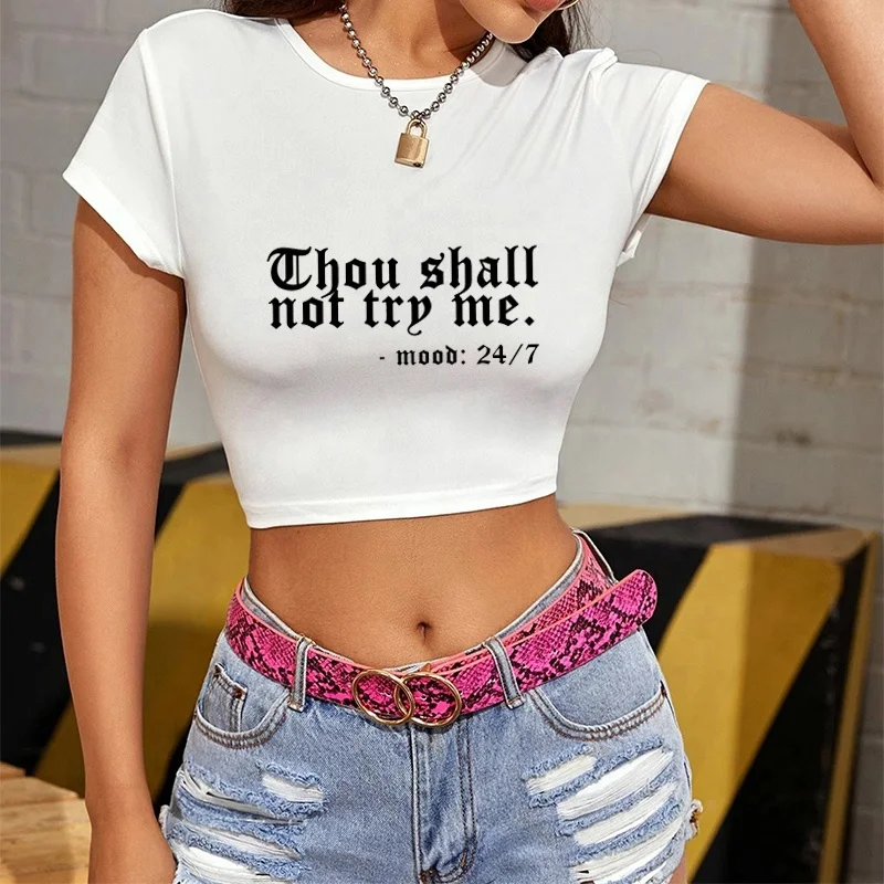 

Wholesale Sexy Short Cropped Tshirt Summer Fit Chou Shall Not Try Me Print Crop Top Cropped Graphic Tees Shirt, Black white