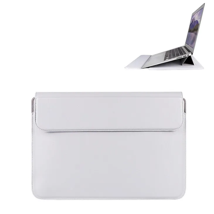 

New Design 13 Inches Computer Case Bag PU Leather Laptop Sleeve With Magnetic and Stand For Mackbook, White, beige