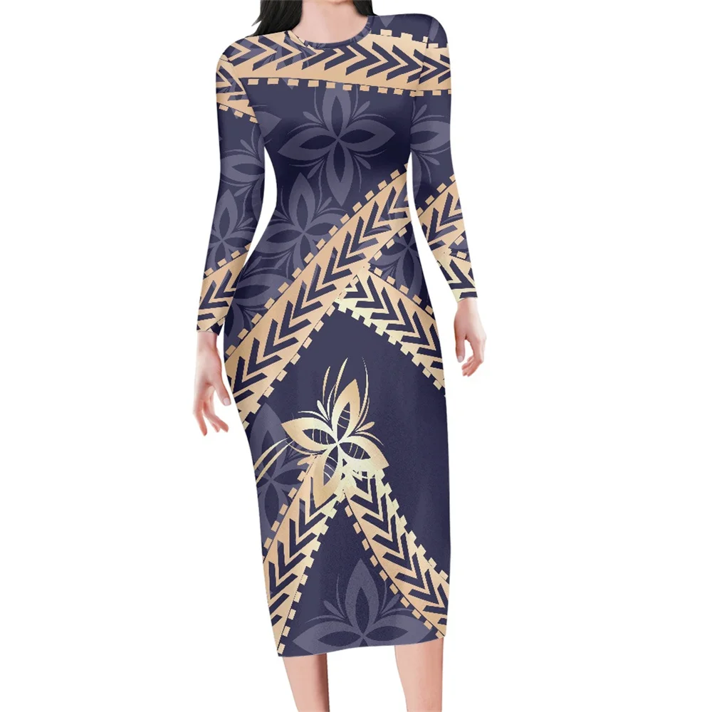 

Polynesian Samoan Tribal Style Design Custom Logo Dress Maxi Dresses Women Long Sleeve pacific islander Bodycon Dress Women 2022