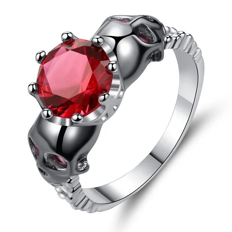 

Punk style retro colored zircon men and women black gold skull ring R314
