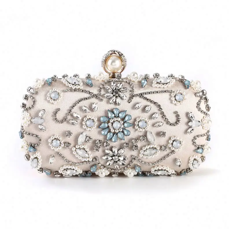 

European Style Luxury Beautiful Crystal Evening Bag Pearl Beaded Party Wedding Bridal Clutches Ladies Handmade Stone Clutch Bag, Black beige