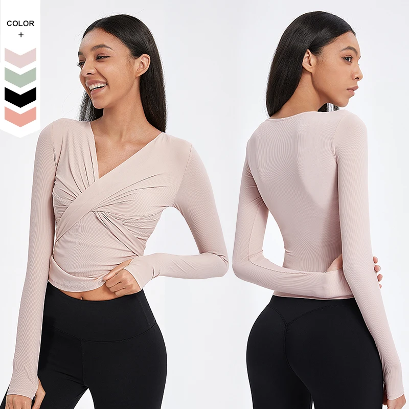 

Breathable Women Cross Front Ruffled Sports Long Sleeve Shirts Stretchy V-Neck Fitness Yoga Tops For Women Slim Fit Shirt