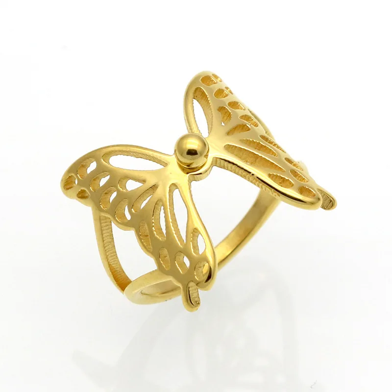 

2022 New Hot Sale Creative Stainless Steel Tarnish Free Butterfly Wings Hollow Ring For Women, 18k gold/ stainless