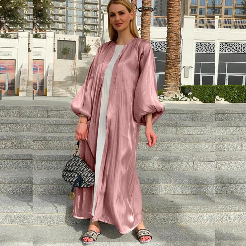 

2021 New Arrivial Light Weight Muslim Women Satin Kaftan Latern Sleeve Silk Open Abaya, Black,blue,pink,green,beige