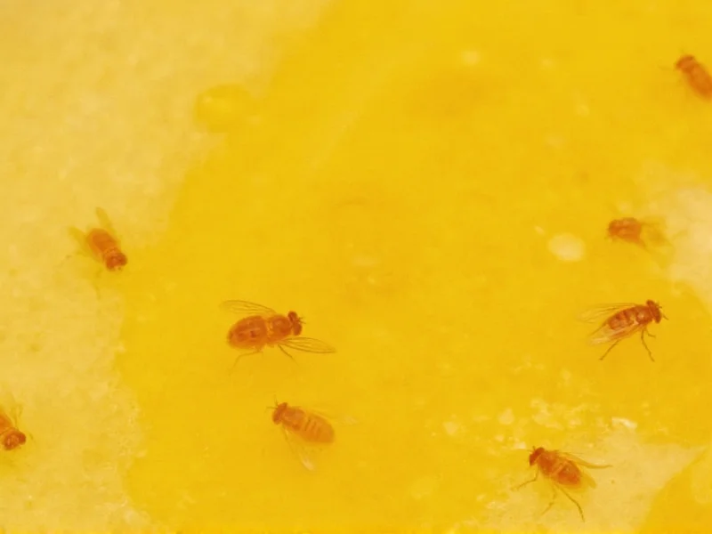 Close-up of fruit flies drowning in vinegar trap solution