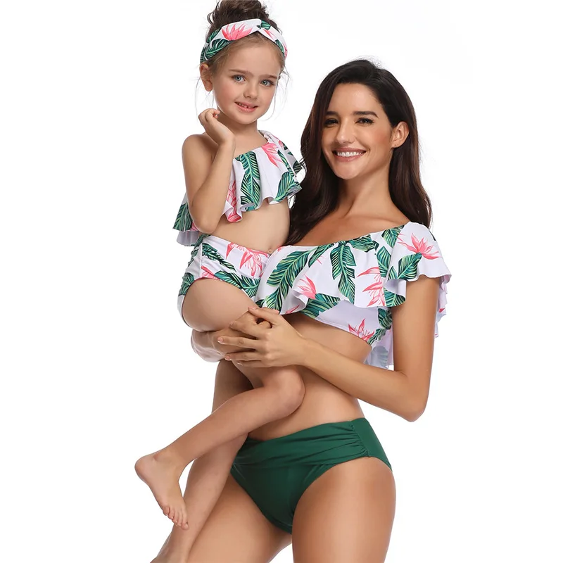 

Aipa Good Review Parent-child Swimsuit Kids Swimwear Printed High Waist Bikini Ruffled Mother And Daughter Swimwear