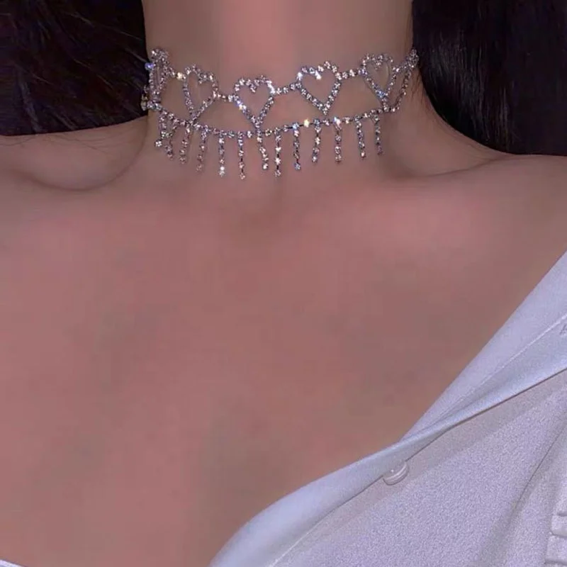 

Fashion women Crystal Necklace Korean shining Rhinestone love Tassel Necklace statement jewelry bridal wedding wear accessories, Picture shows