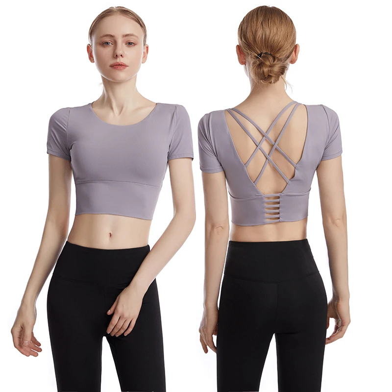 

Custom Private Label Workout Tops for Women Sexy Back Deep V Neck T Shirt Girls Short Sleeve Dance Top, Black/light purple/blue/gray