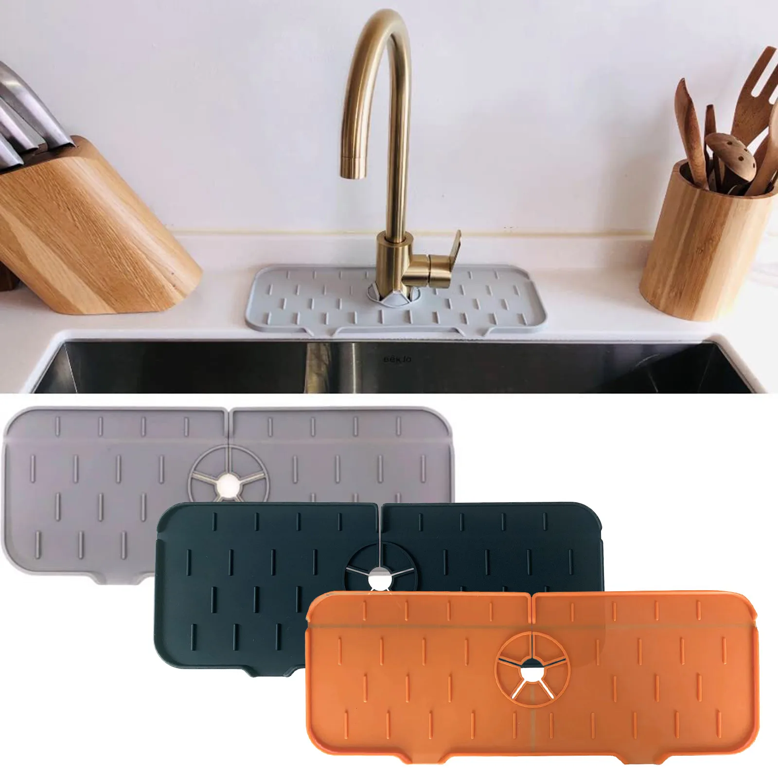 

2 Pcs Foldable Silicone Kitchen Faucet Sink Splash Guard Water Catcher Mat Sink Draining Pad Behind Faucet, Black, gray, orange