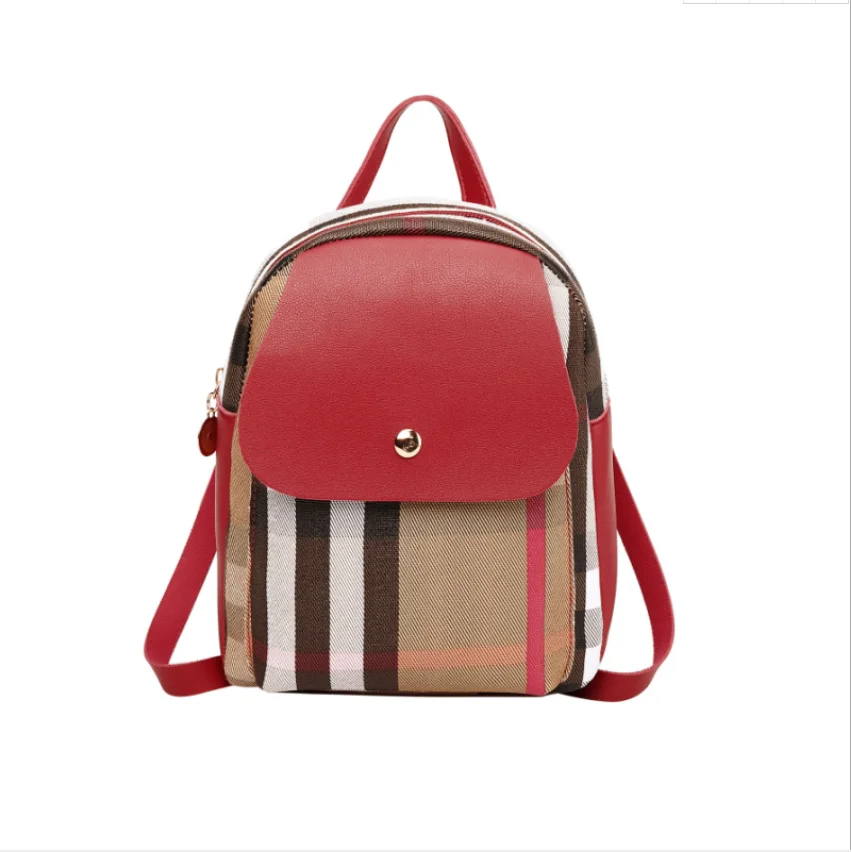 

2021 casual PU printed plaid small backpack, Red, blue, black, pink, brown