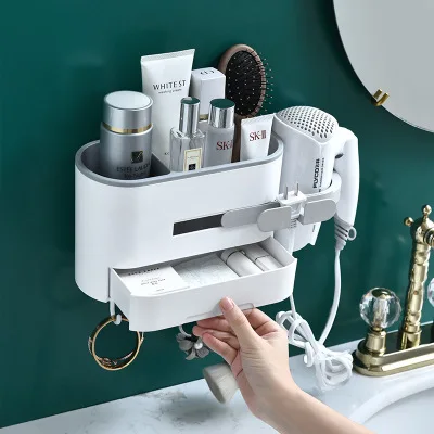 

Wall-mounted one-piece shelf bathroom with drawer 4 hooks cosmetic storage and organizer push-pull hair dryer rack