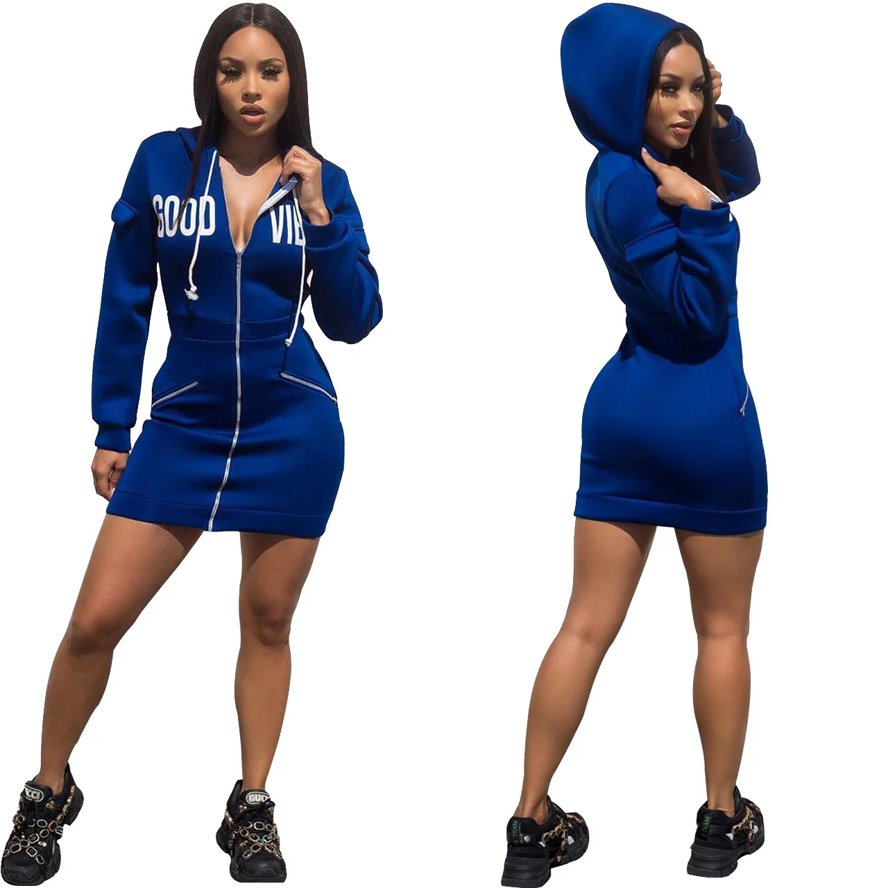 

N202 Hooded Letter Print Skirt Plus Size T shirt Long Sleeve women clothing Jersey dresses Blue