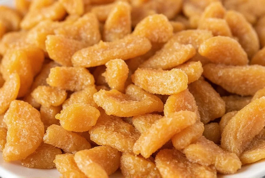 Close-up of homemade candied ginger pieces showing proper texture and sugar coating