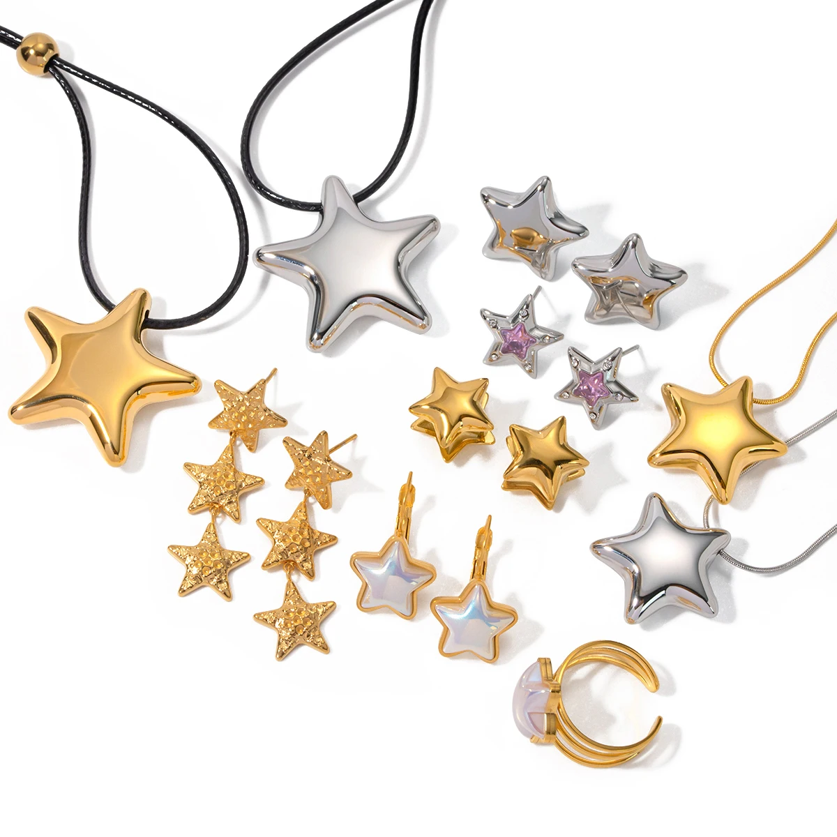 

J&D Hot Sale 18K Gold PVD Waterproof Stainless Steel Jewelry Chunky Star Pendant Necklace Earring Set