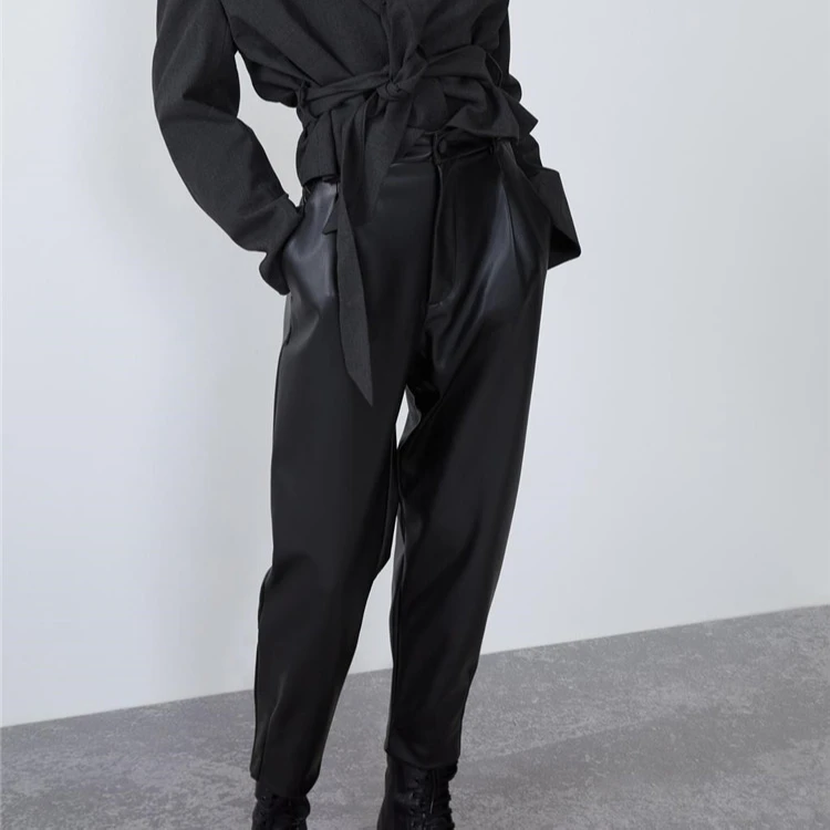 

2021 New Fashion Autumn Winter Women High Waist Black Faux Leather Pants, As show