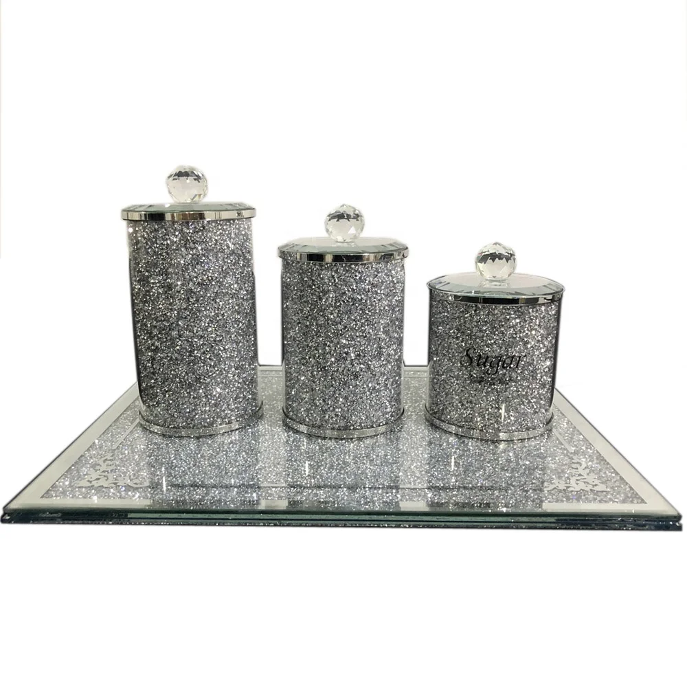 

New design spice salt pepper jar set silver gold crushed diamond glass bottle storage with tray