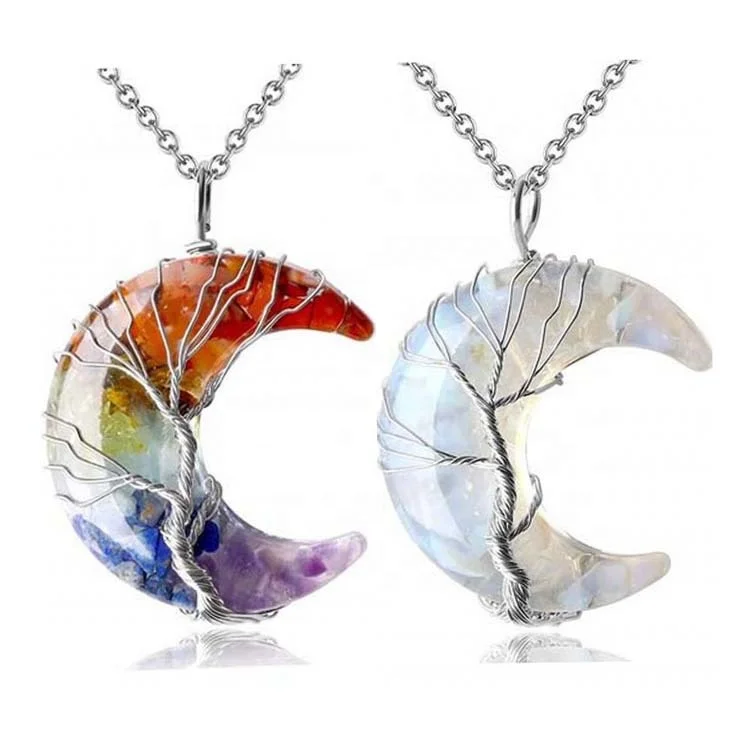 New Fashion Natural Crystal Stone Resin Moon Pendant Necklace Tree of Life Winding Chakra Healing Crescent Moon Pendant