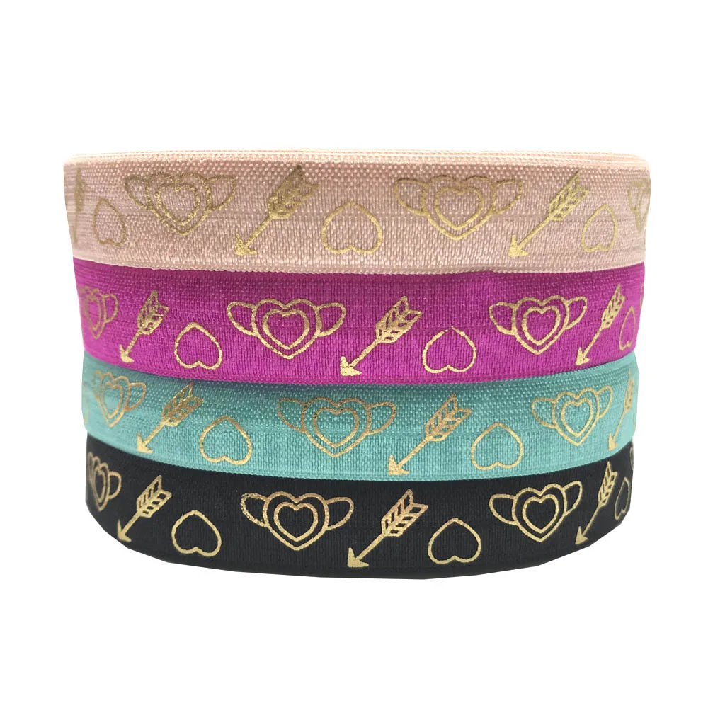 

15mm Gold Love Arrow Printed Fold Over Elastic Wedding FOE for DIY Hair Accessories Apparel Sewing Webbing Gift Ribbon 100 yards, 4 colors, as per picture