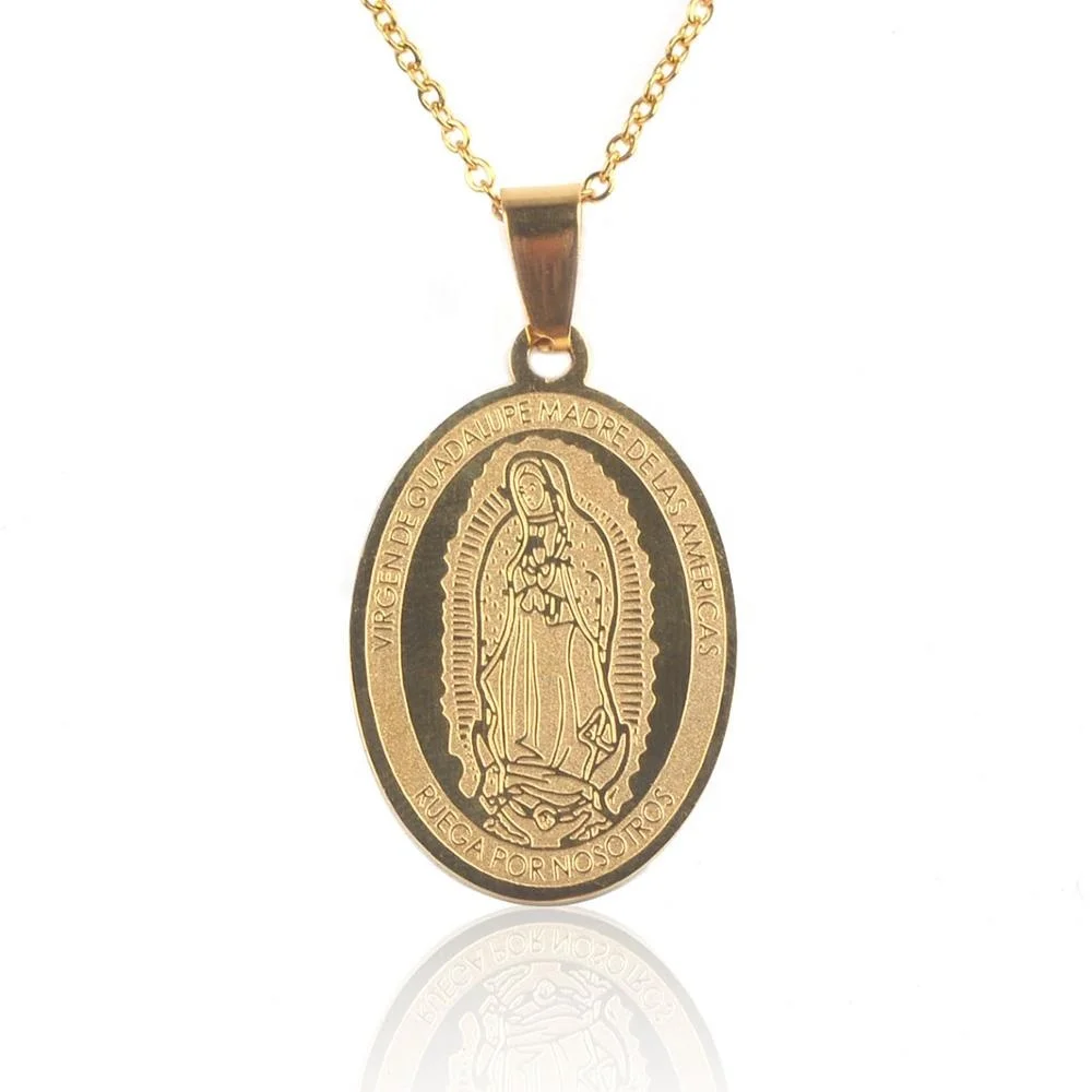 

Gold Plated Our Lady of Guadalupe Religious Charm Necklace Stainless Steel 30 mm Pendant Catholic Necklace